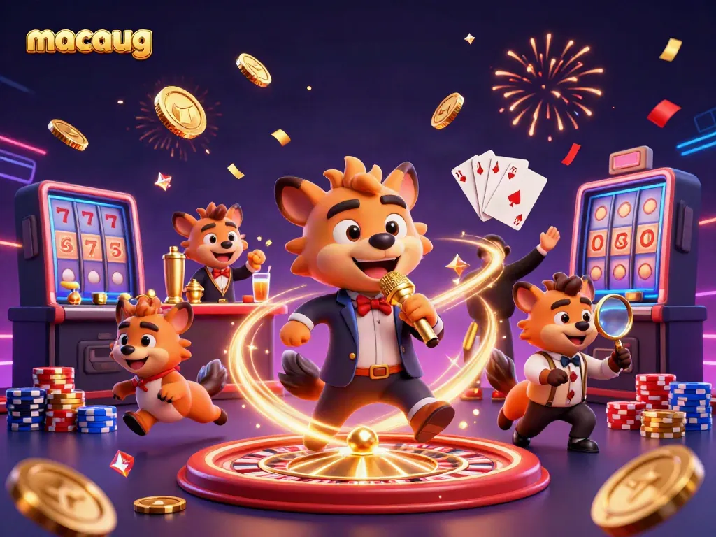 Experience the fun at macaugg casino with hyena characters enjoying slots and drinks in a vibrant scene.