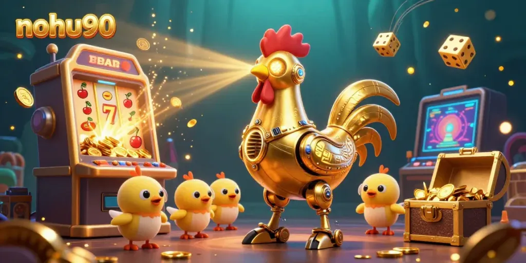 Nohu90 features a vibrant casino celebration with a golden rooster robot and a jackpot explosion.