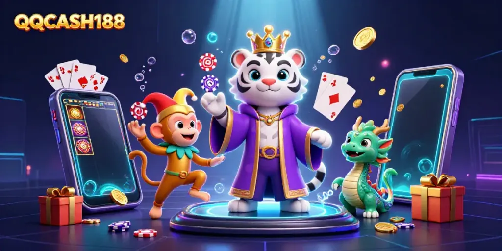 Engage with QQCASH188 through vibrant 3D cartoon illustration featuring a tiger, monkey, and jade dragon.