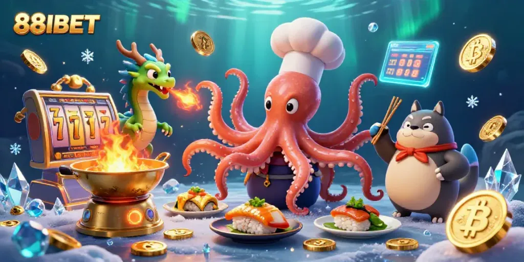 Engage with 88IBET's dynamic casino scene featuring a cartoon octopus chef, wasabi dragon, and tanuki customer.
