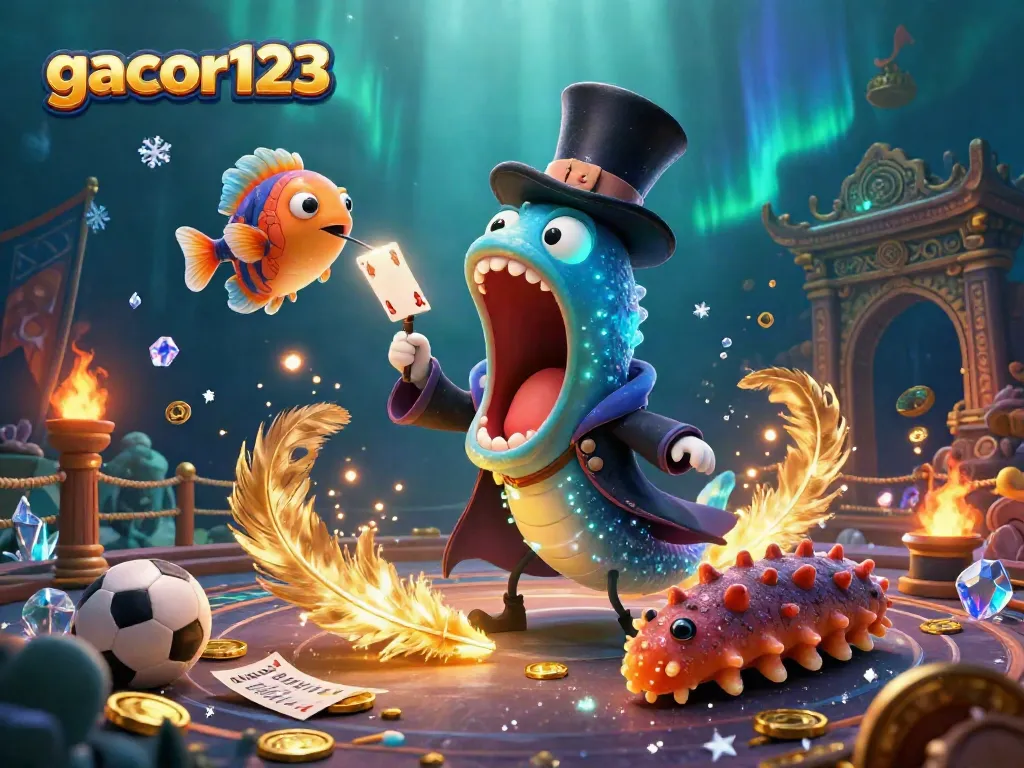 Engage with Gacor123's high-stakes sports betting illustrated by magical sea creatures in a dynamic underwater scene.