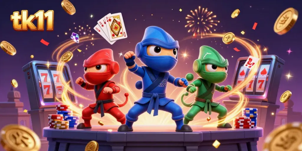Experience thrilling gameplay with tk11 as colorful ninja chameleons showcase their skills amidst casino treasures.