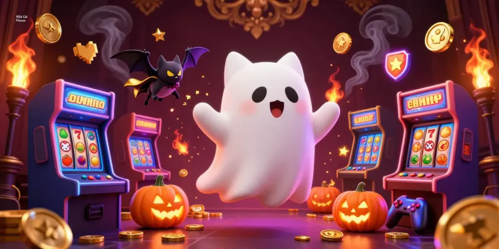 Experience the thrill of Kèo Nhà Cái Pizza with a playful ghost cat in a vibrant haunted casino scene.