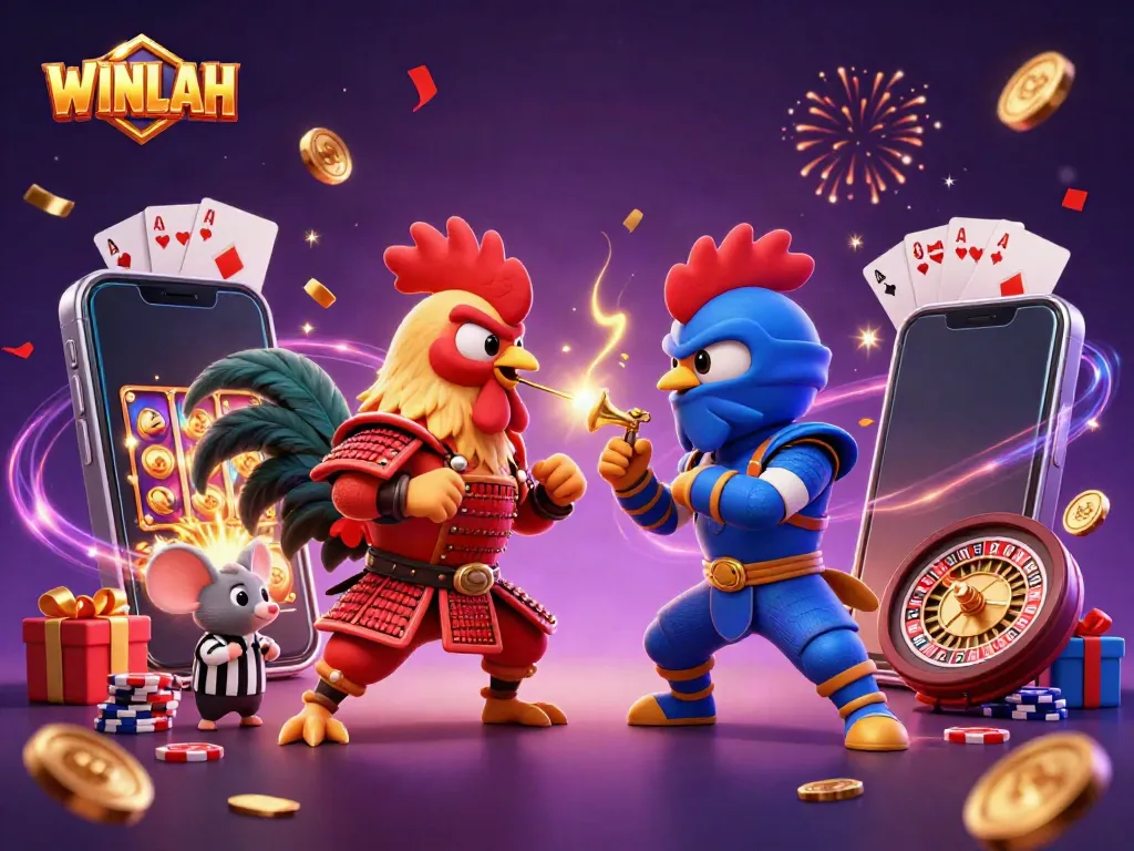 Engage in thrilling cockfighting action at WINLAH, featuring dramatic 3D roosters and casino elements.