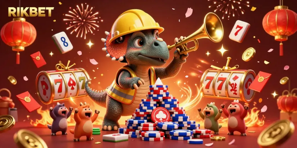 Join the celebration at RIKBET with a dynamic 3D illustration of cartoon characters and casino elements.