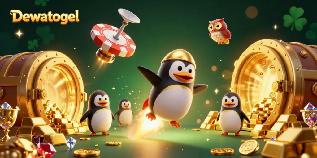 Dewatogel's golden penguin blasts through space, leading to a casino station amidst piles of treasure.