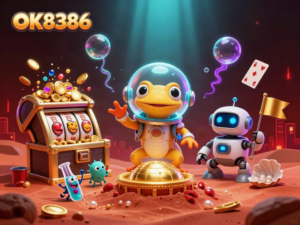 Experience OK8386's thrilling gaming atmosphere with a Martian gecko exploring a golden casino amidst vibrant treasures.