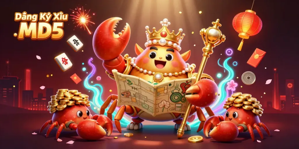 Engage in excitement at Đăng Ký Tài Xỉu MD5 with a golden crab emperor amid casino treasures.