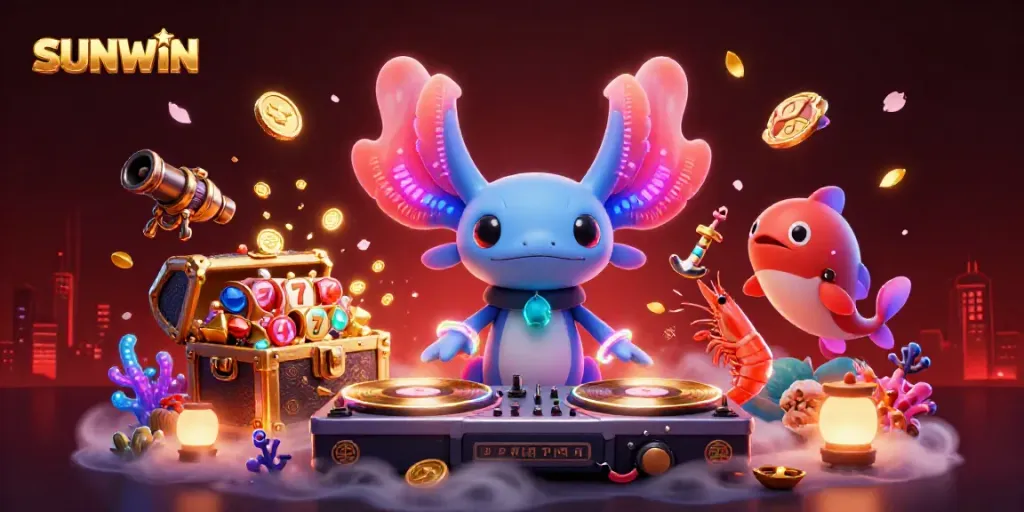 SUNWIN immersive virtual casino scene featuring an axolotl DJ spinning on underwater turntables.