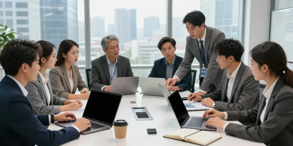 Team collaborating in a modern office environment, enhancing business strategies while discussing and analyzing data, read more here for insights.