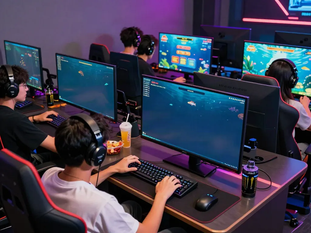 Exciting gaming scene with friends playing lại là Bắn cá đổi thưởng, showcasing vibrant graphics and immersive atmosphere.