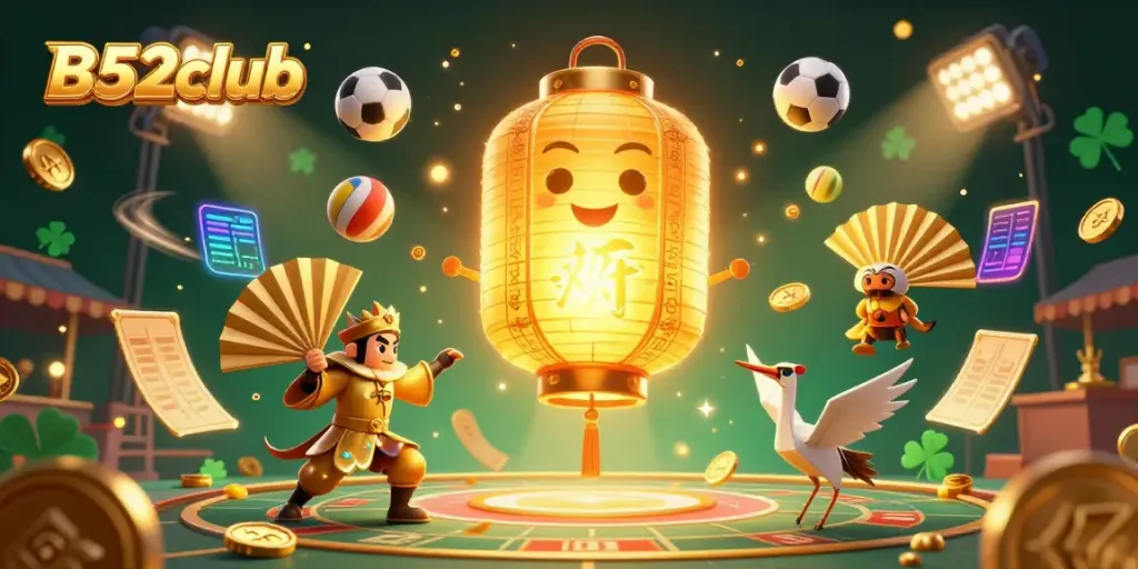 Experience the excitement with B52club's vibrant casino scene featuring golden lantern spirits and thrilling game elements.