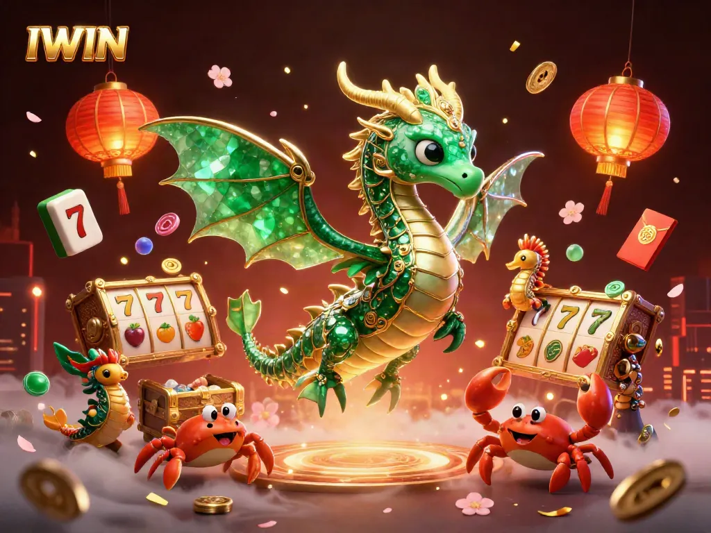 IWIN showcases an immersive 3D gaming world with vibrant slot elements, treasure chest, and fantasy sea dragon.