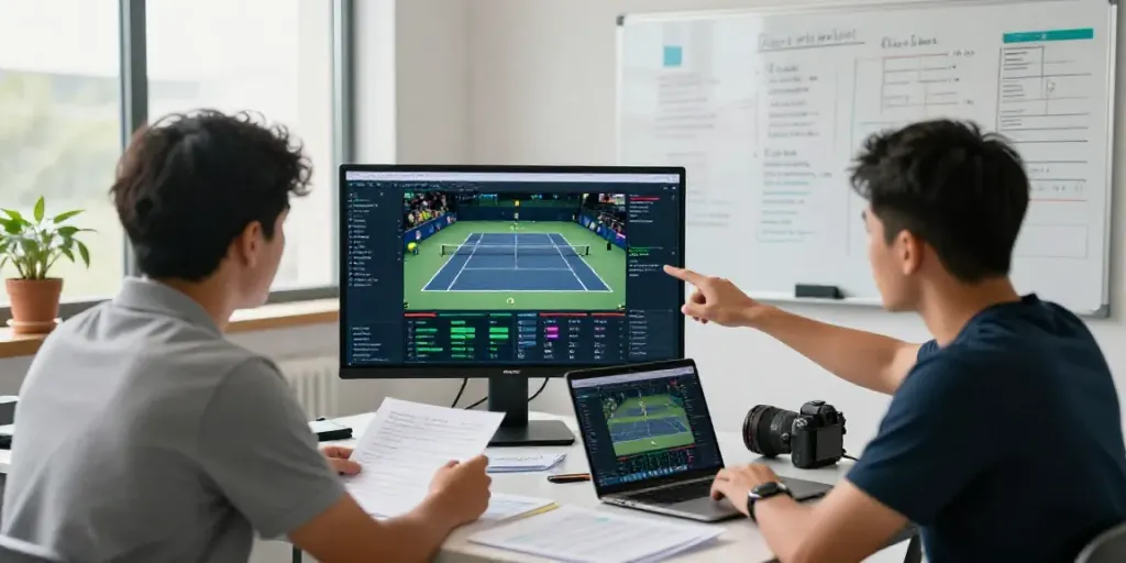 Sports analysts utilizing a tennis prediction algorithm in a collaborative analysis environment.