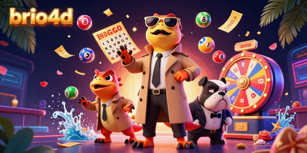 Experience the excitement of brio4d with raptors sneaking into a VIP casino lounge amid colorful lottery elements.