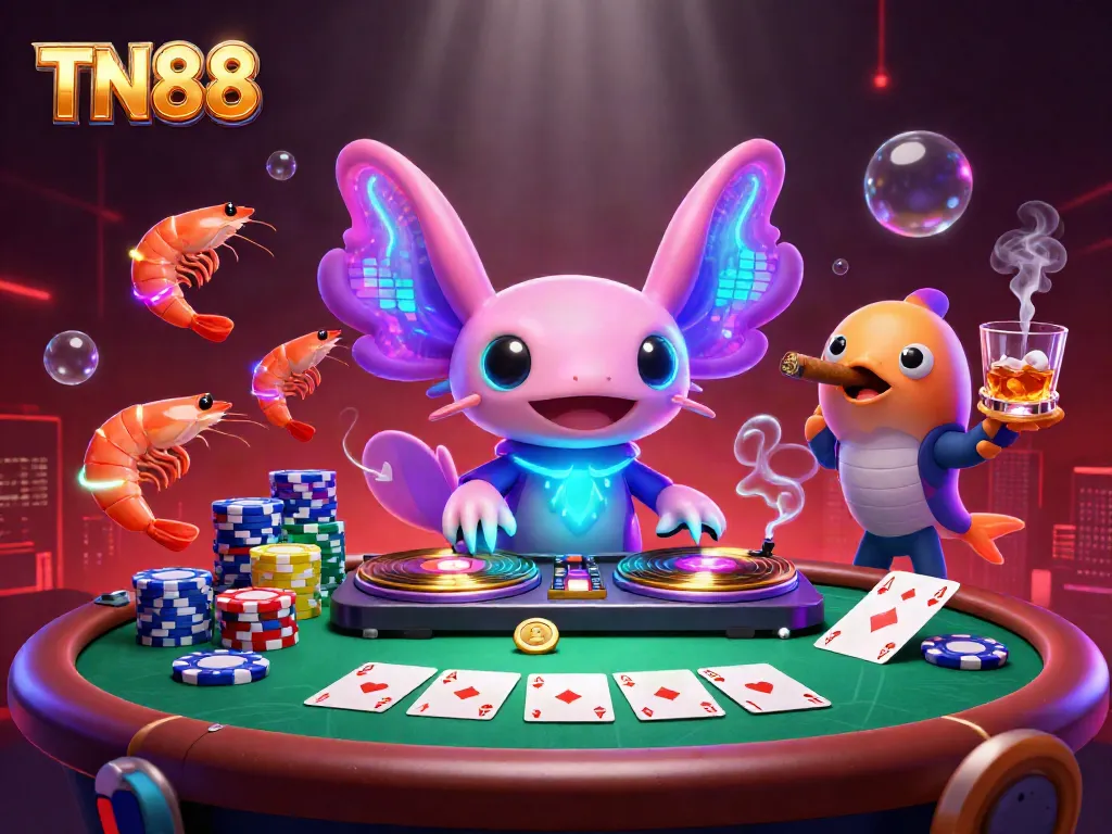 Experience excitement at TN88's vibrant casino scene with a neon axolotl DJ spinning records.