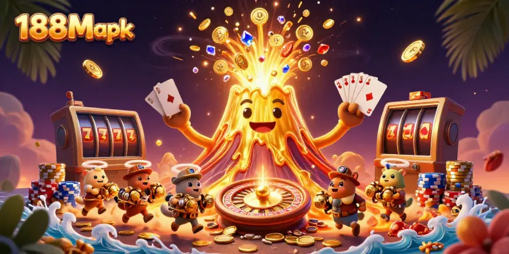 Win big with 188M apk, featuring a golden volcano erupting with coins and treasures in a vibrant casino scene.