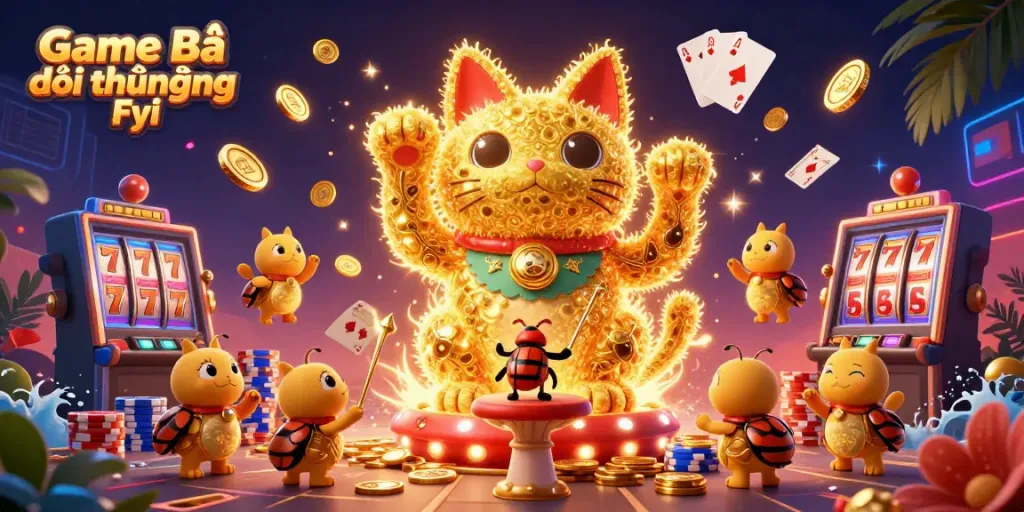Experience the exciting energy of Game Bài Đổi Thưởng Fyi with a vibrant lucky cat and casino elements.