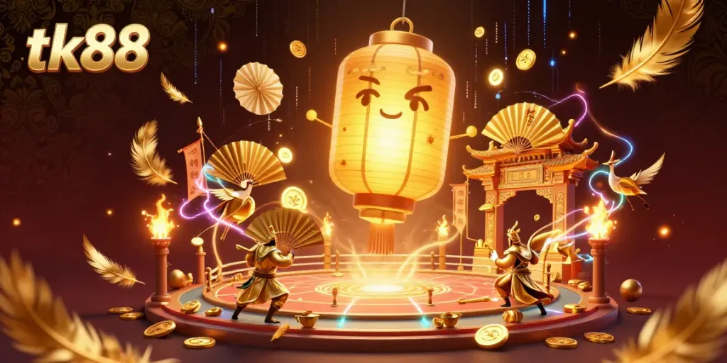 Engage with the vibrant tk88 casino scene featuring a golden lantern spirit and dynamic gaming elements.