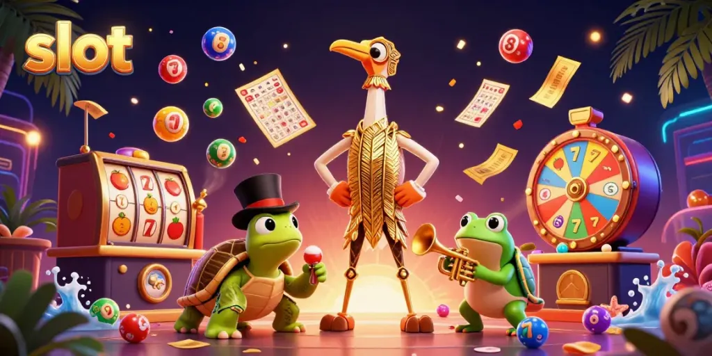 Experience slot games with vibrant characters and action-packed visuals in this dynamic illustration.