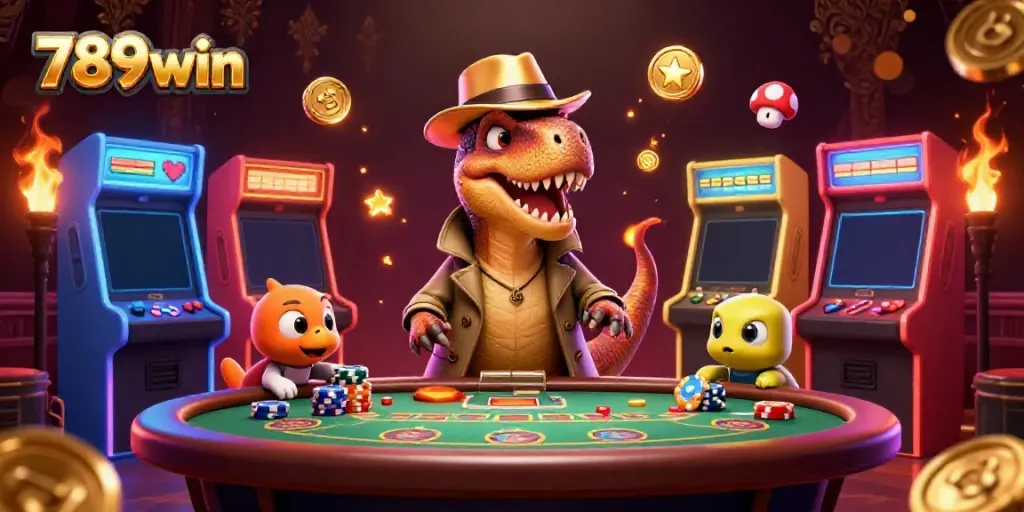 Exciting blackjack action at 789win featuring a velociraptor card counter, stegosaurus pit boss, and compy pickpocket.