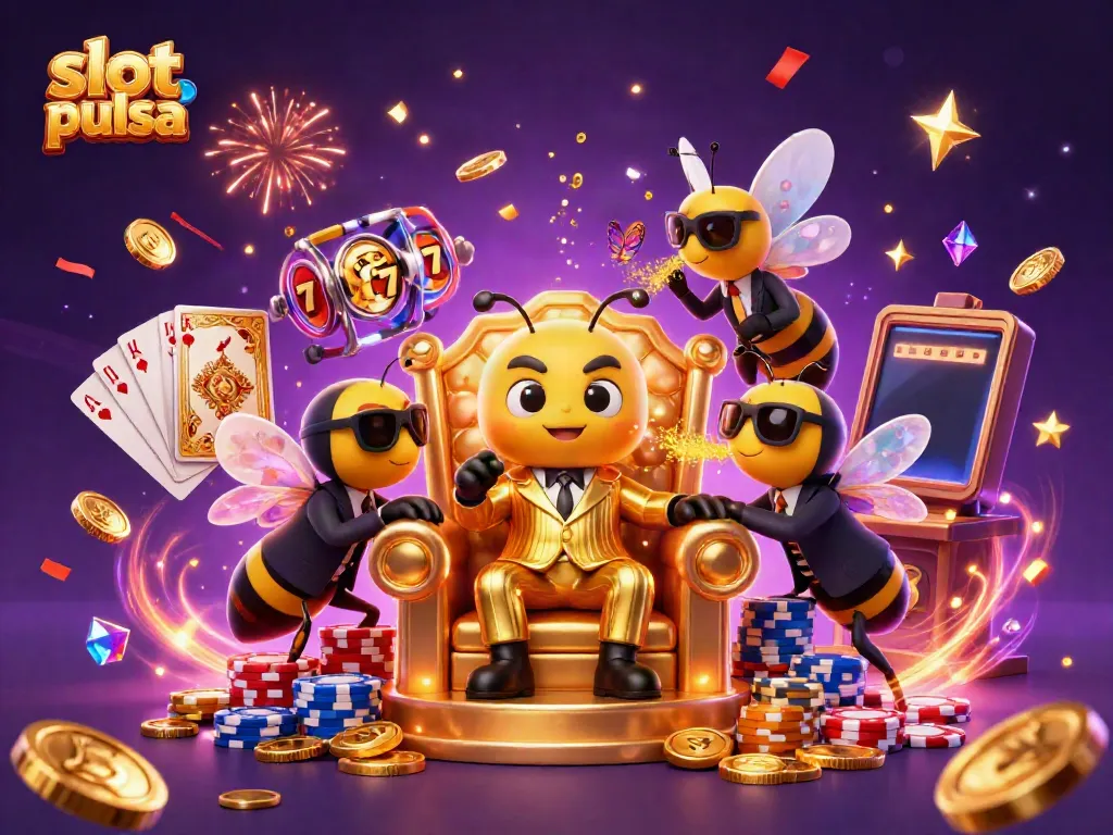 Gambarkan slot pulsa bernilai tinggi dengan karakter lebah kartun dalam latar kasino yang berkilauan.