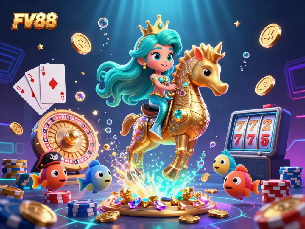 Experience the excitement of FV88 with vibrant casino-themed elements in an immersive 3D illustration.