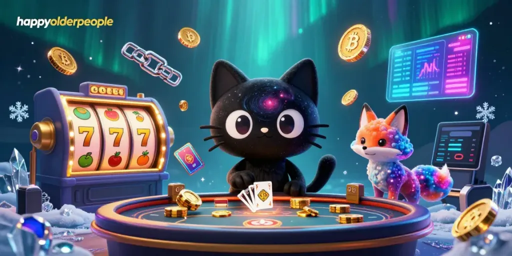 Engage with exciting slot games at happyolderpeople's vibrant cosmic casino scene featuring a black hole cat.