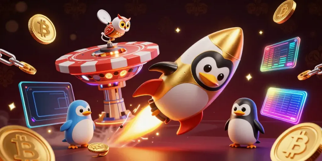 Experience the thrill of 789Club as a golden penguin rockets through space, surrounded by crypto elements!