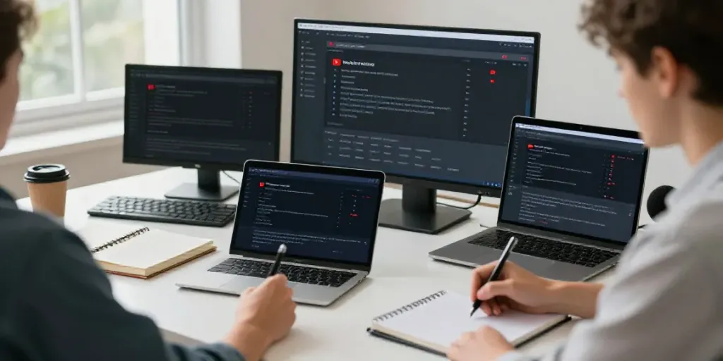 Using AI tools for YouTube descriptions in a creative workspace with multiple screens and notes.