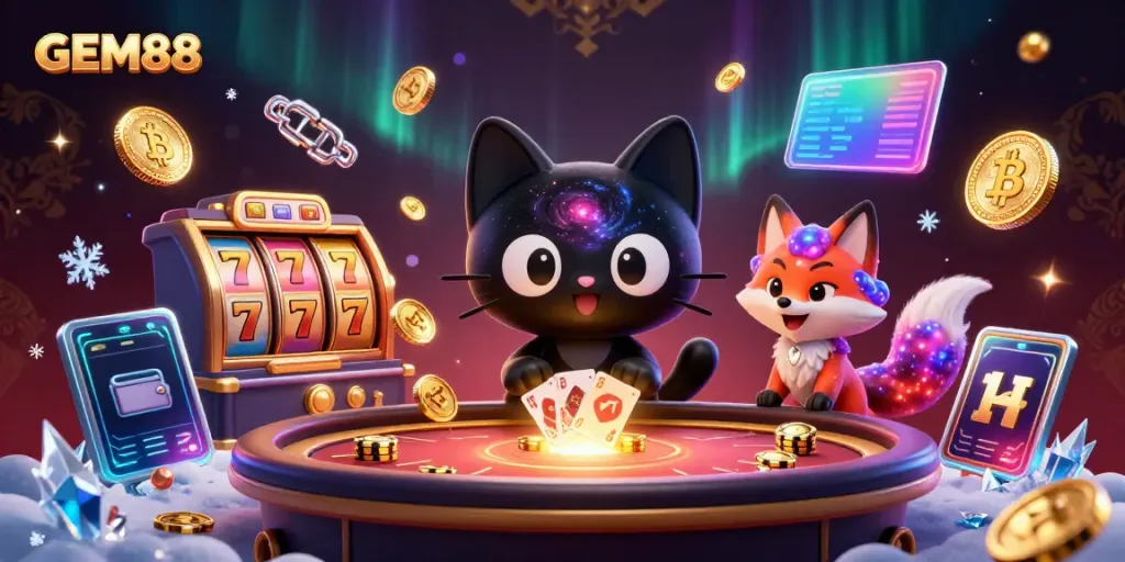 Experience thrilling gameplay at GEM88 with a cosmic casino scene featuring captivating characters and vibrant slot elements.