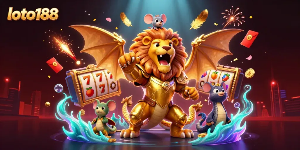 Immerse in loto188's thrilling world of online gaming featuring a majestic chimera and vibrant slot elements.