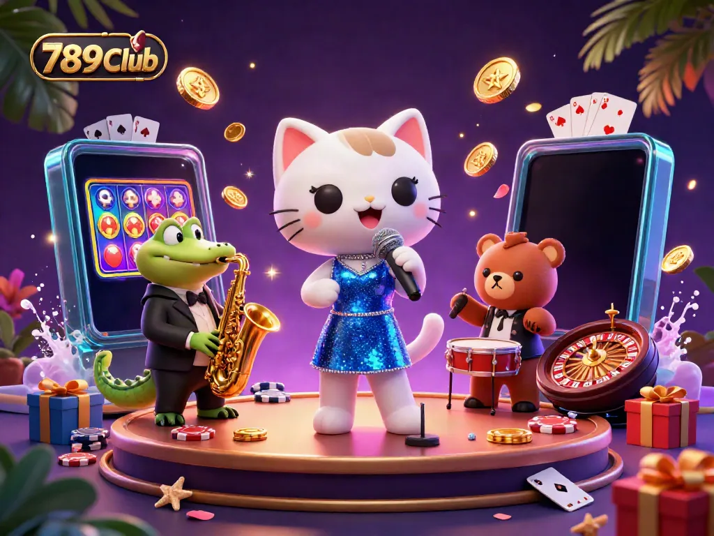 Experience the vibrant world of 789Club with a jazz-singer cat and friends enjoying a thrilling casino scene.