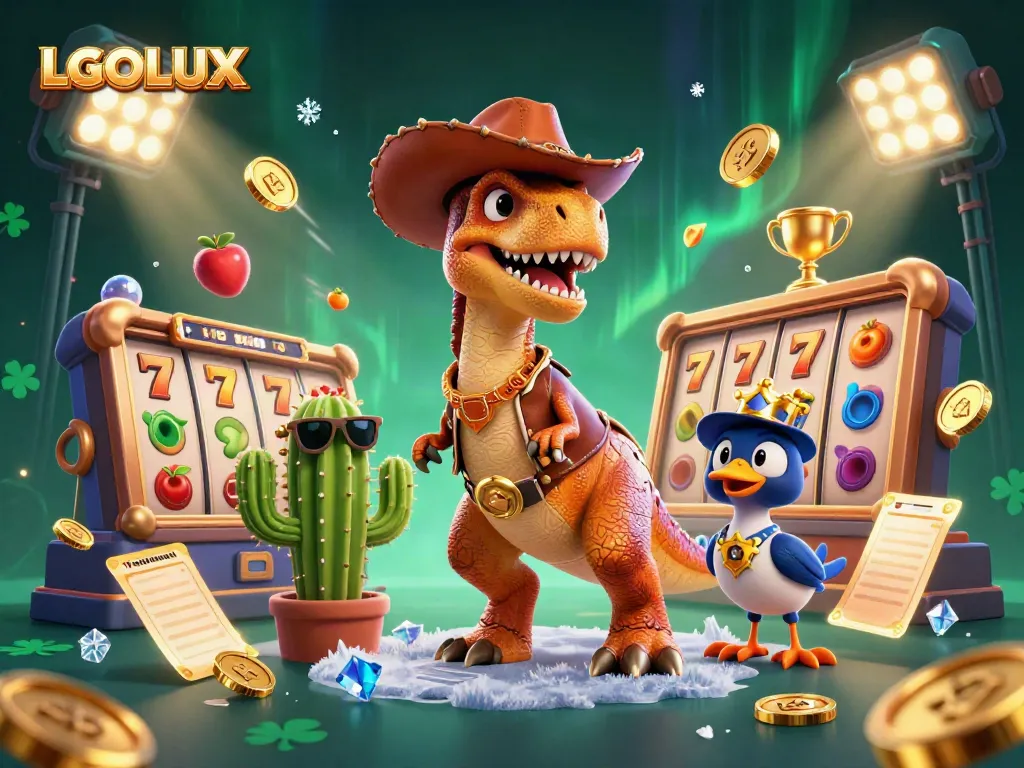 Experience gaming excitement at LGOLUX with vibrant slot elements and engaging characters.