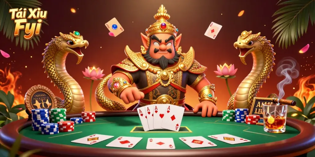 Tài Xỉu Fyi showcases a vibrant poker scene with a golden-armored guardian, poker chips, and community cards, enhancing gaming excitement.
