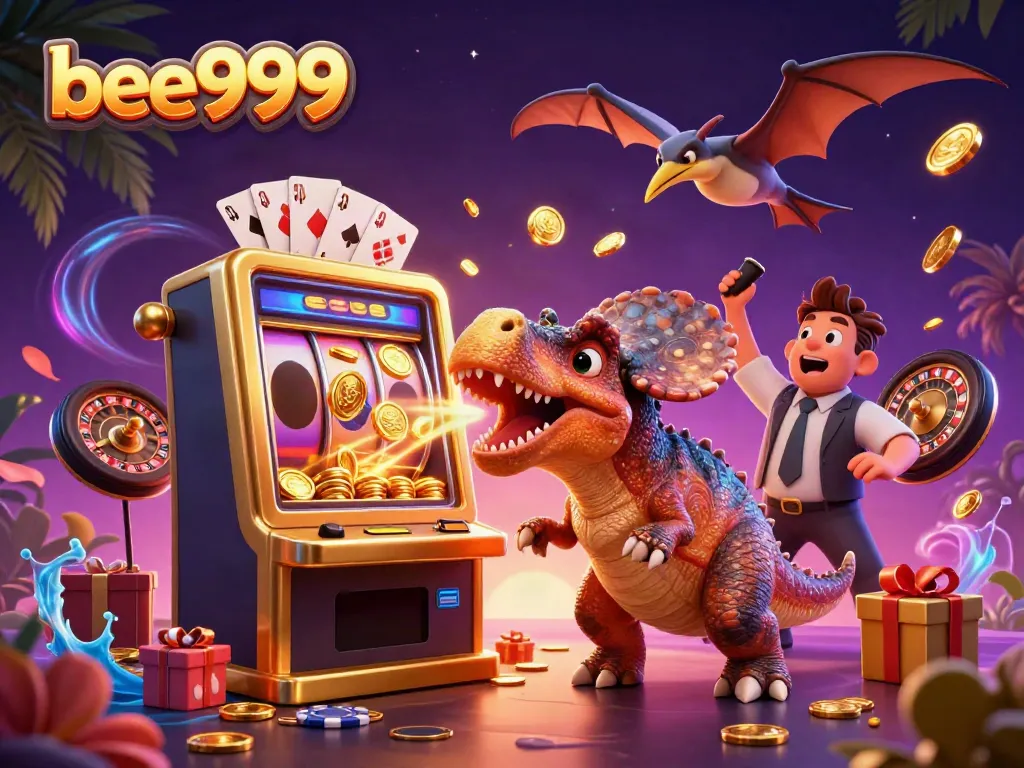 Experience the thrilling jackpot scene at bee999, featuring a dinosaur-themed slot machine spectacle.