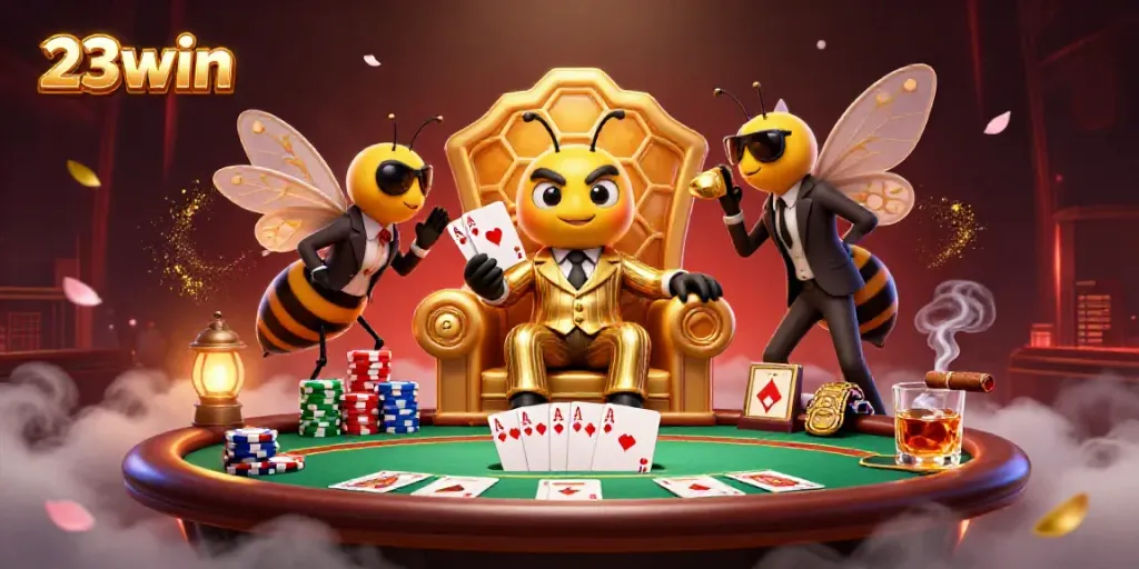 Feel the excitement at 23win with a vibrant 3D illustration showcasing a bustling casino scene full of poker elements and animated characters.