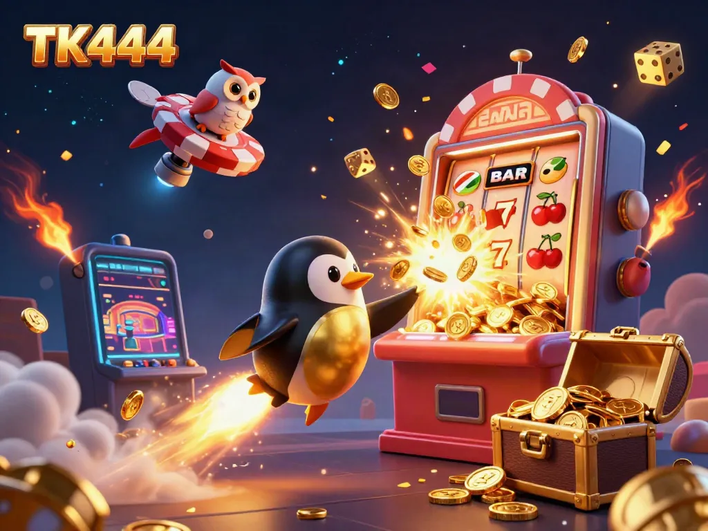 Join the thrilling adventure with TK444 as our golden penguin zooms past a jackpot slot machine amidst a cosmic backdrop.