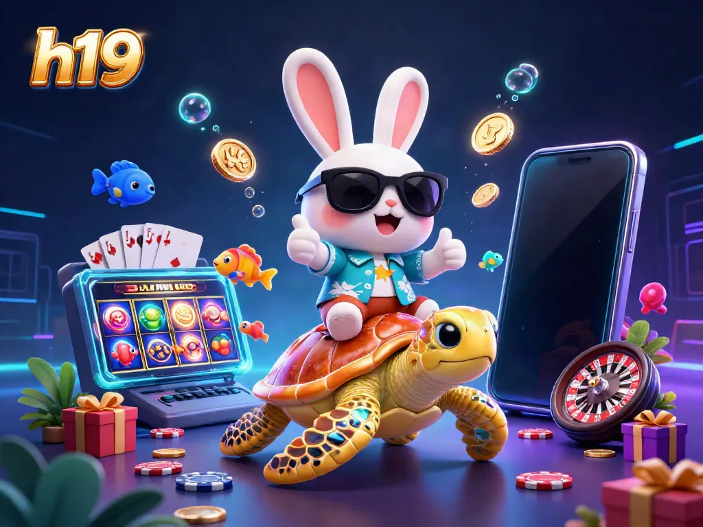Engage with h19's vibrant casino world showcasing a lucky rabbit and a golden turtle amidst thrilling slot games.