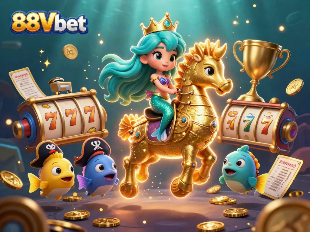Engage with the immersive 88Vbet casino experience featuring 3D characters in a vibrant underwater world.