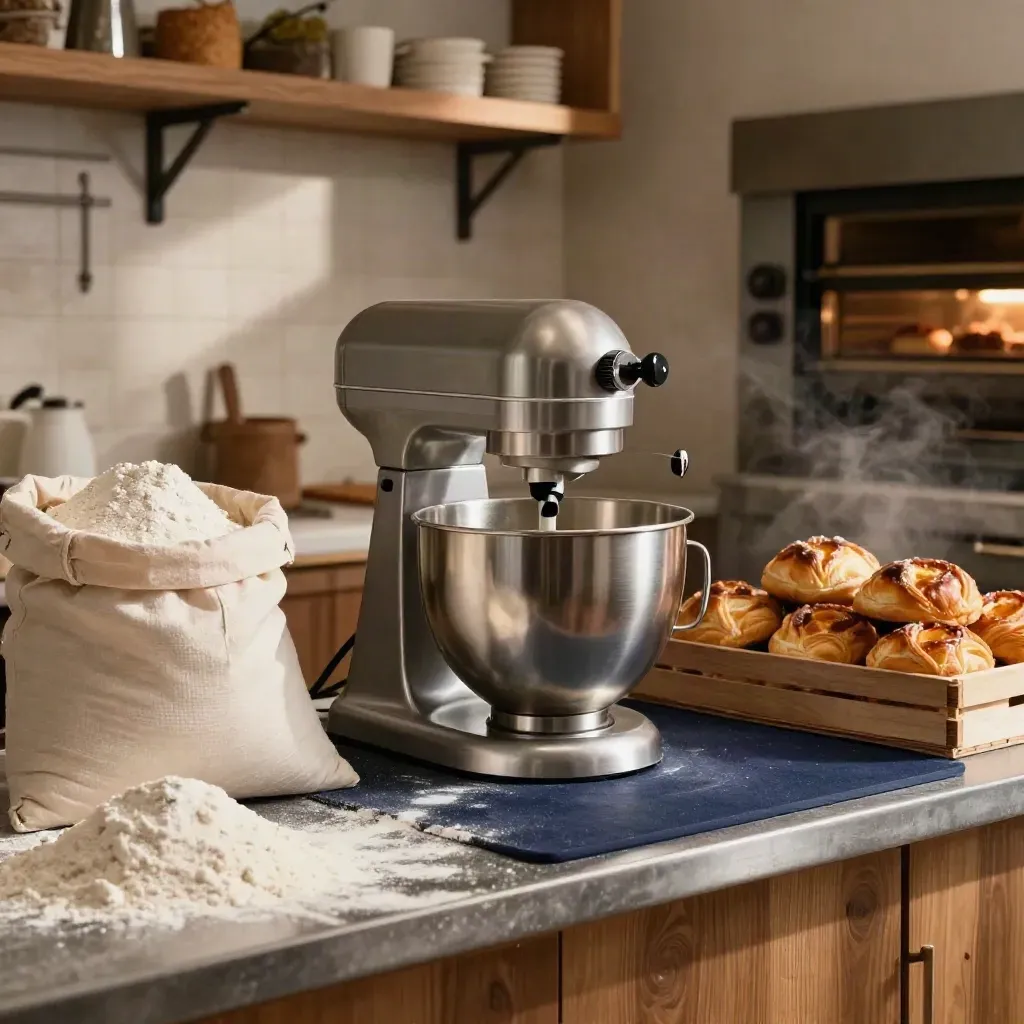 Stainless mixer, flour sacks, and pastries on a bakery prep counter in warm haze