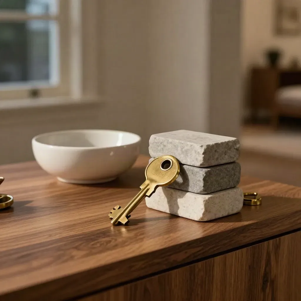 Brass key and stone blocks on a walnut entry console in soft evening light.