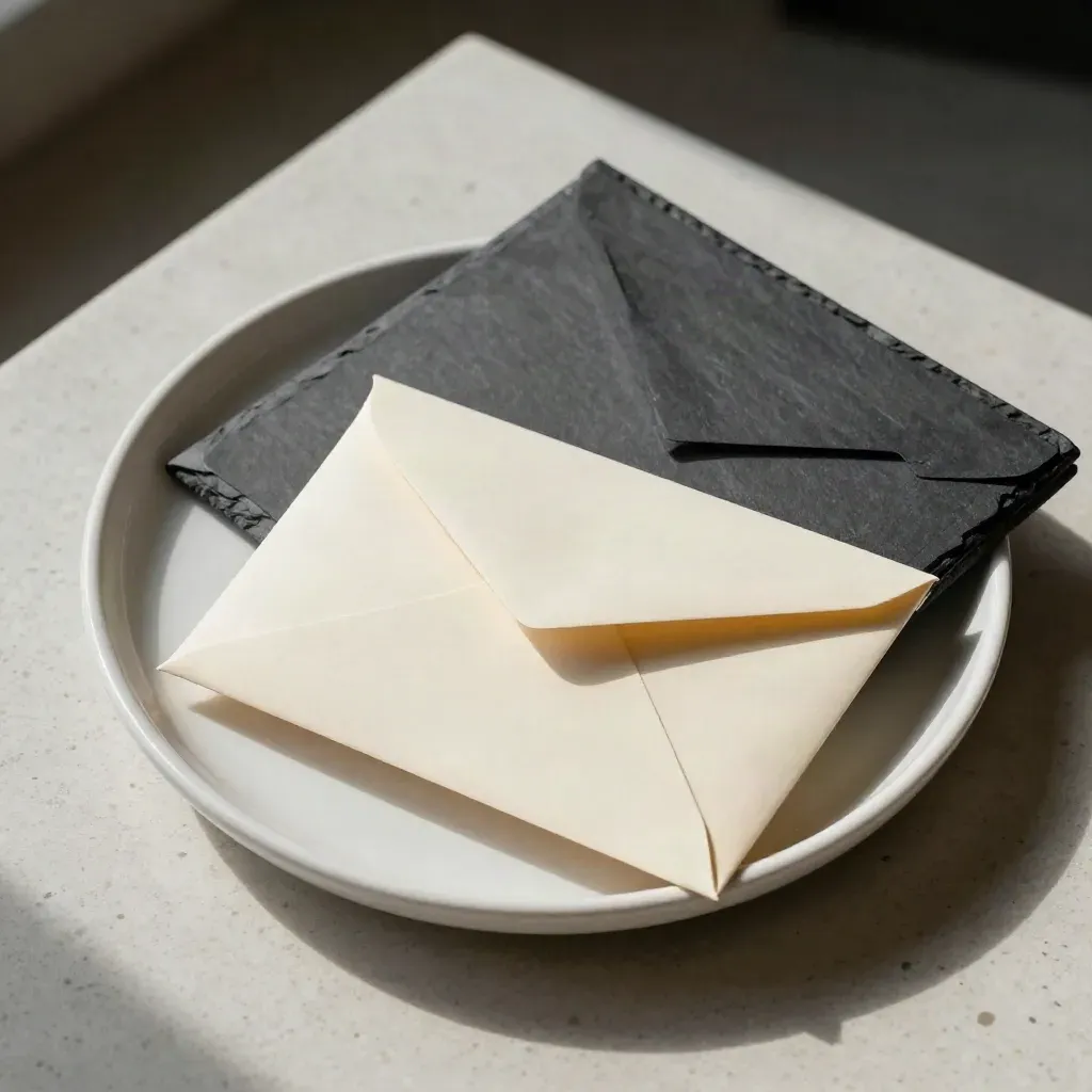 Top-down tray of bundled envelopes beside a slim ledger box on travertine.