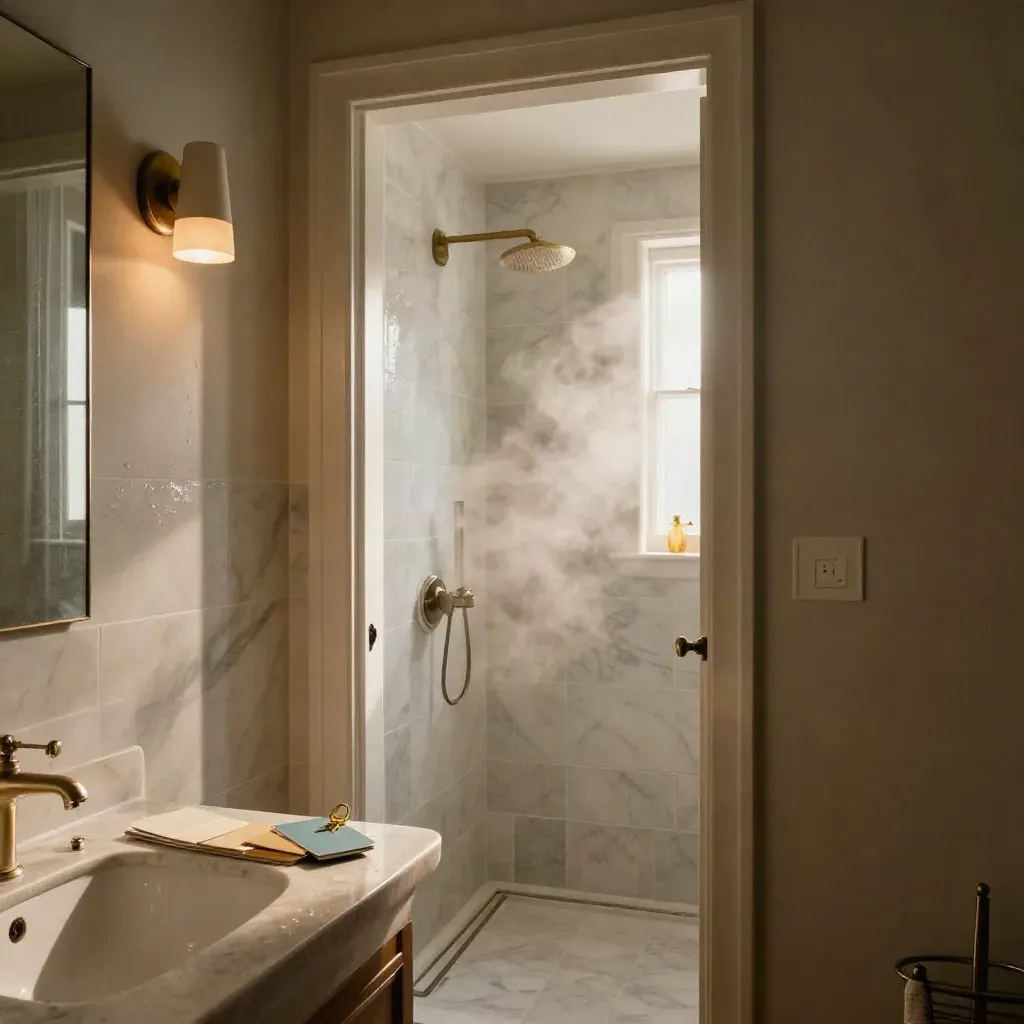 Renovated bathroom with tile, faucet box, paint swatches, and brass key in warm late-afternoon light.