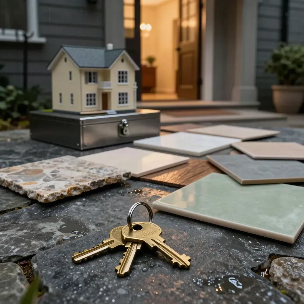 Brass keys, model home, lockbox and samples on a wet townhouse threshold at blue hour.