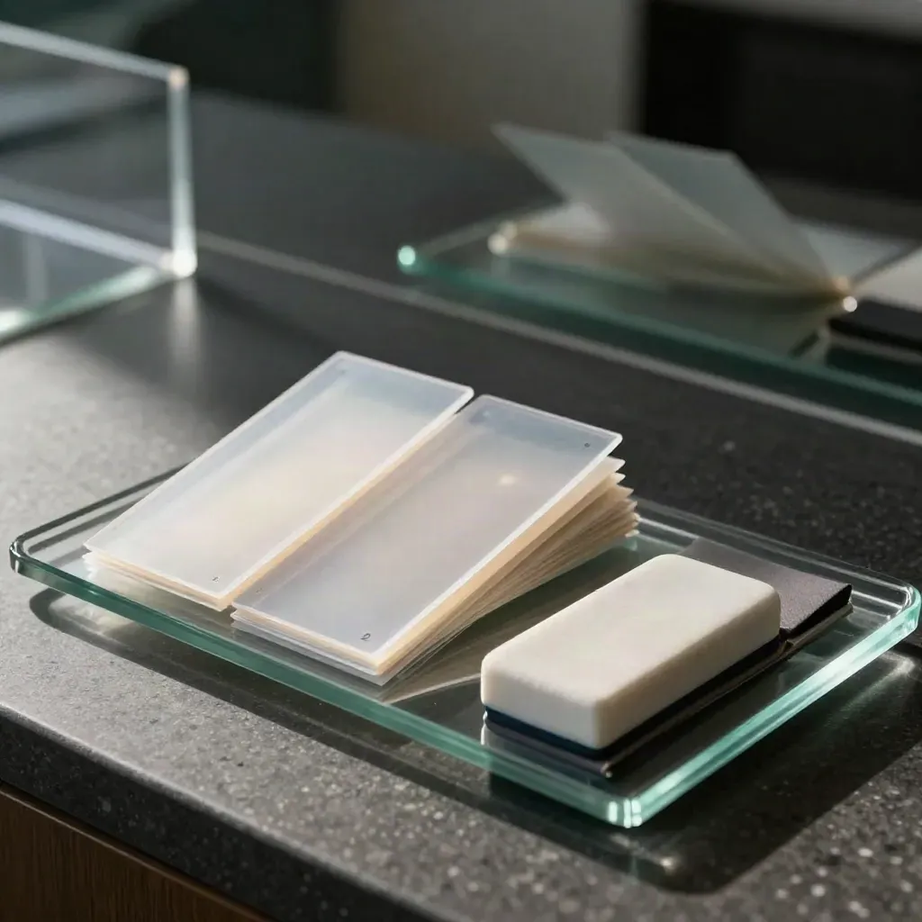 Glass tray with translucent score cards, eraser, and document sleeve on a dark stone counter.