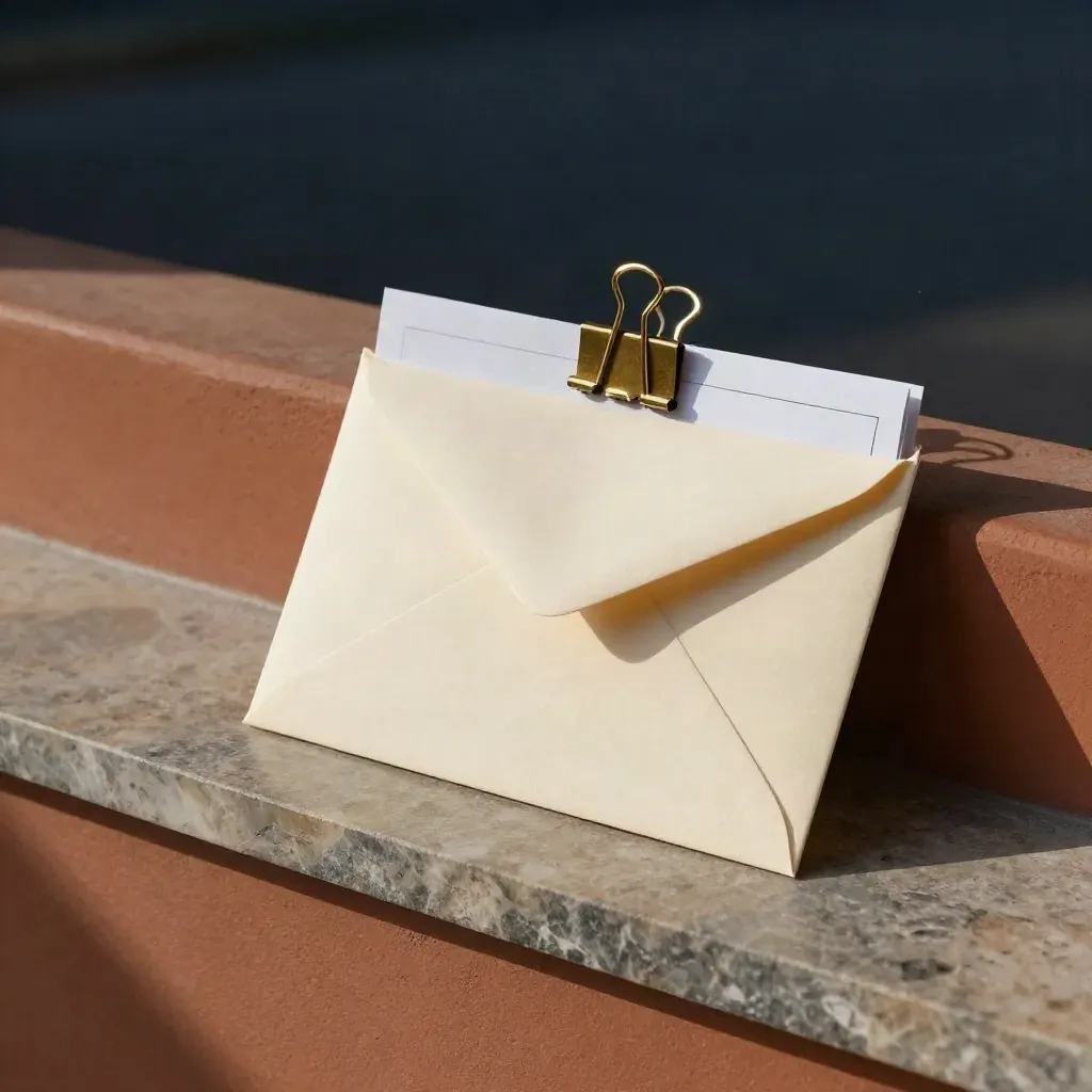 Sealed loan packet with brass clip and document pouch on a stone ledge