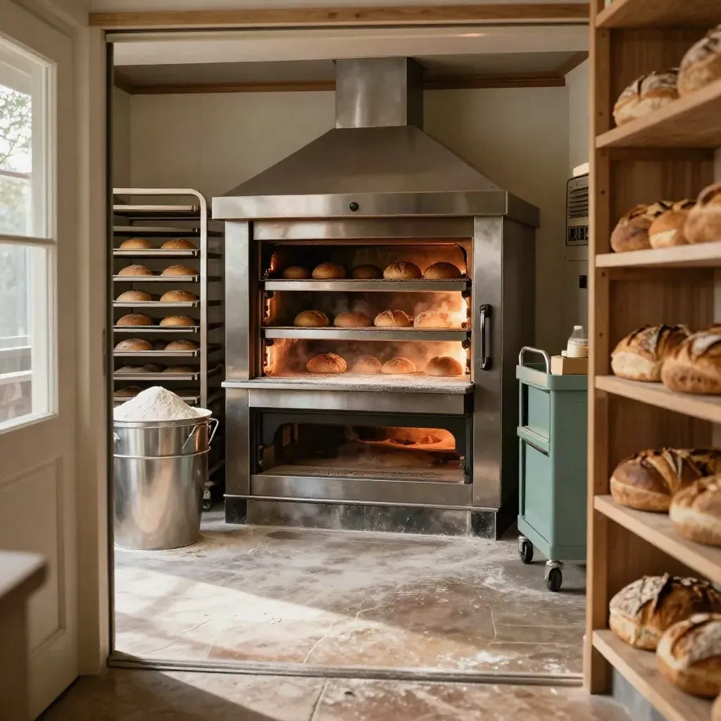 Warm bakery interior with glowing oven, golden loaves, proofing trays, and flour bins