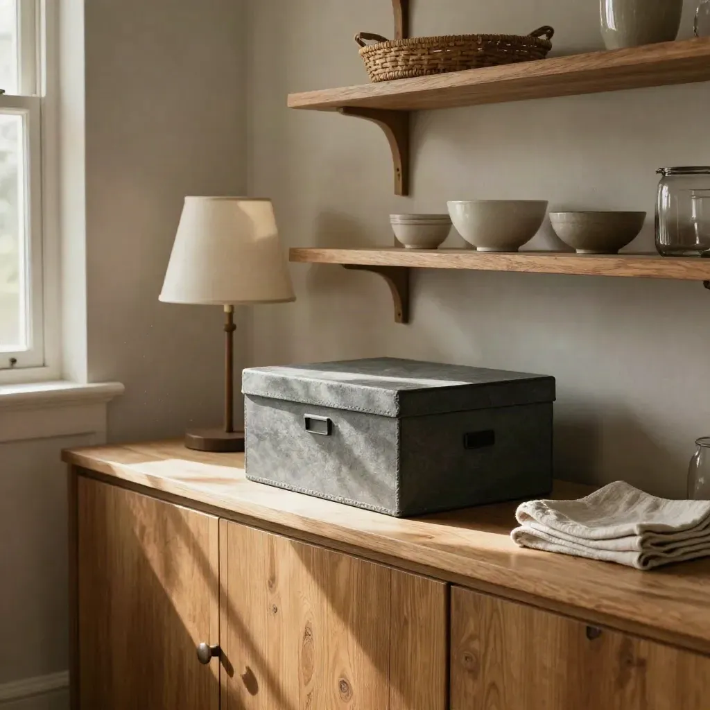 Empty kitchen sideboard with a file box, lamp, and cleared shelves in warm late-afternoon light.