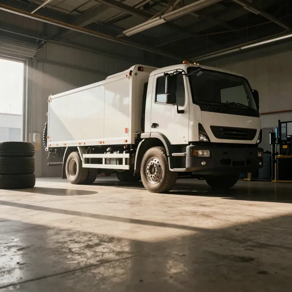White work truck in an auto bay beside stacked tires and a hydraulic lift, shot low and diagonally.